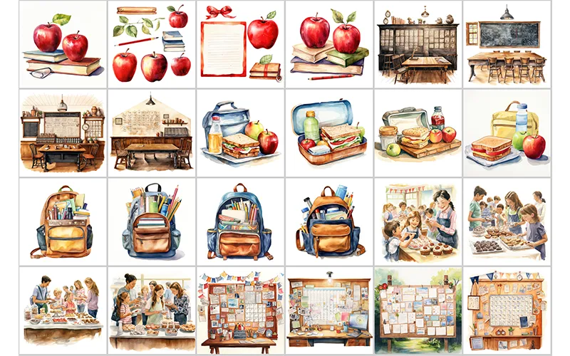 Preview Imagessssss of Apples, Lunch, Blackboards, Classrooms & Display Boards Watercolor Clipart included in the bundle