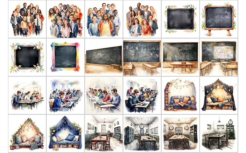 Preview Images of Blackboard, Classroom, Bed & Desks Watercolor Clipart included in the bundle