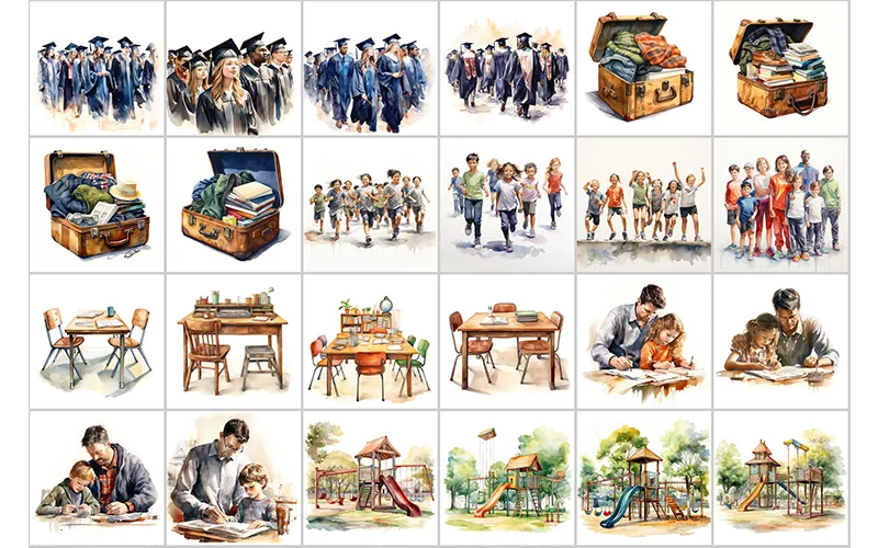 Preview Images of Graduation, Family, Old Cloth Trunks & Sitting Tables Watercolor Clipart included in the bundle