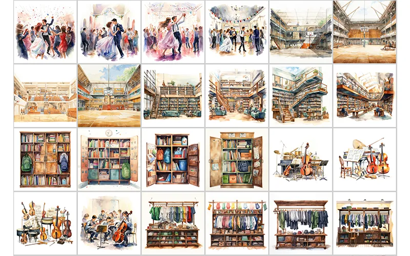 Preview Images of Cupboard, Dances, Dancing Couples, Guitars, Book Cabinets & Music Class Watercolor Clipart included in the bundle