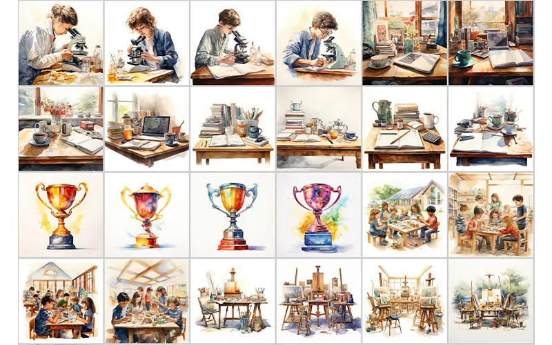 Preview Images of Trophy, Study Desks, Study Table & Microscopic Study Watercolor Clipart included in the bundle