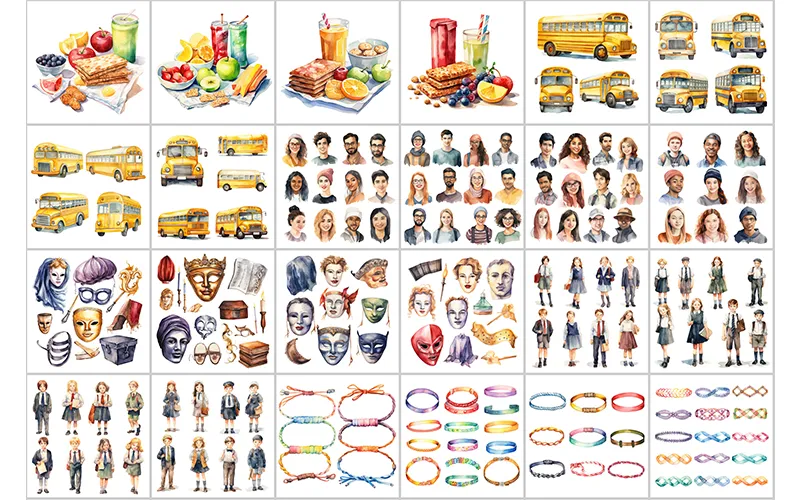 Preview Images of Food, Lunch, Pancakes, Juices, Fruits, School Buses, Man, Woman, Girl, Boy, Different Maska, & Hand Bands Watercolor Clipart included in the bundle
