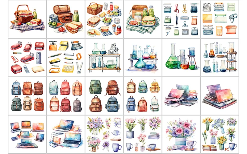 Preview Images of Food, Food Basket, Lunch, Lunch Basket, School Bags, School Bag packs, Laptops, Chemicals, Flower & Flower Pot Watercolor Clipart included in the bundle