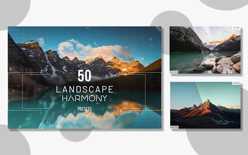 A preview of the Landscape Harmony Lightroom presets included in the bundle