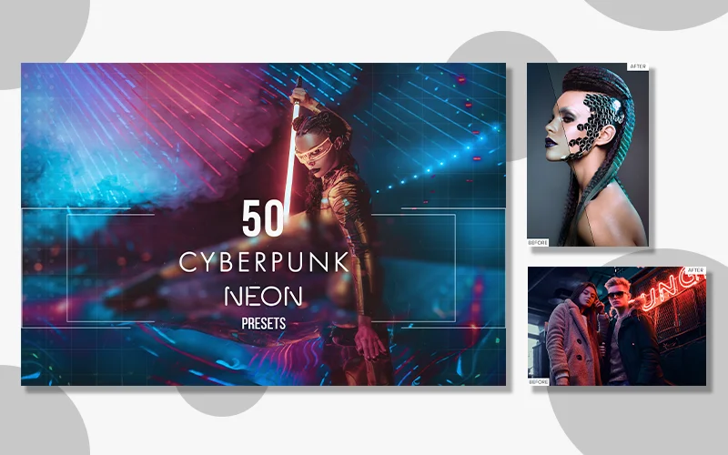 A preview of the Cyberpunk Neon Lightroom presets included in the bundle