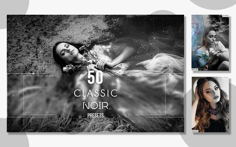 A preview of the Classic Noir Lightroom presets included in the bundle