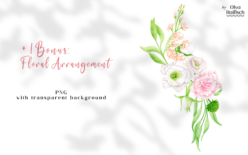 Previews of the bonus watercolor floral arrangement included