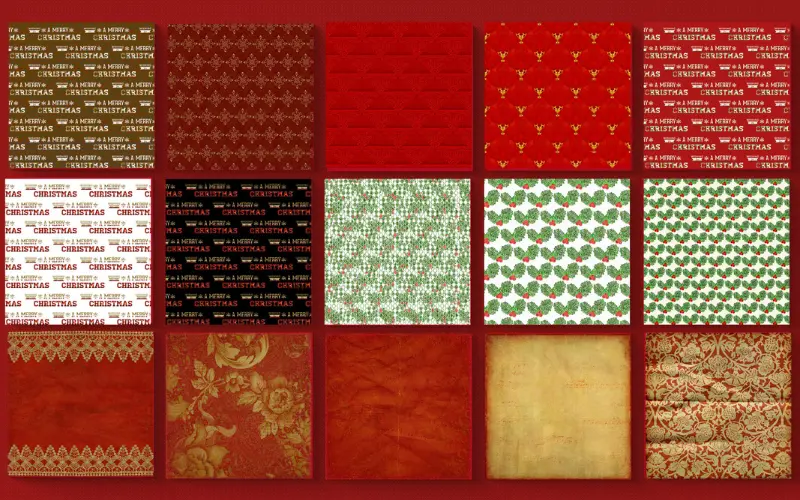 Christmas paper backgrounds with elegant vintage patterns in red and gold.
