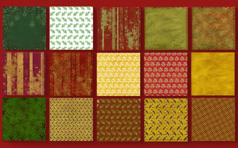 Vintage holiday patterns collage with stars, wreaths, and bells.
