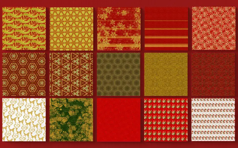 Collage of Christmas paper backgrounds featuring snowflakes and festive ornaments.
