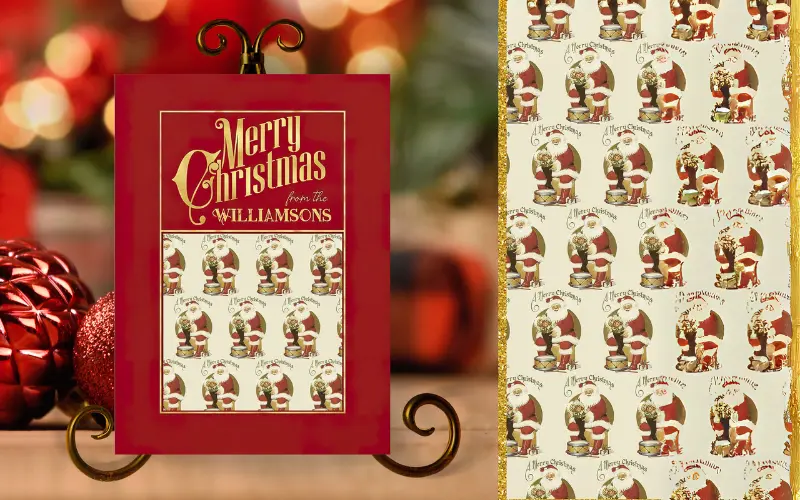 Christmas patterns preview on a festive greeting card design.
