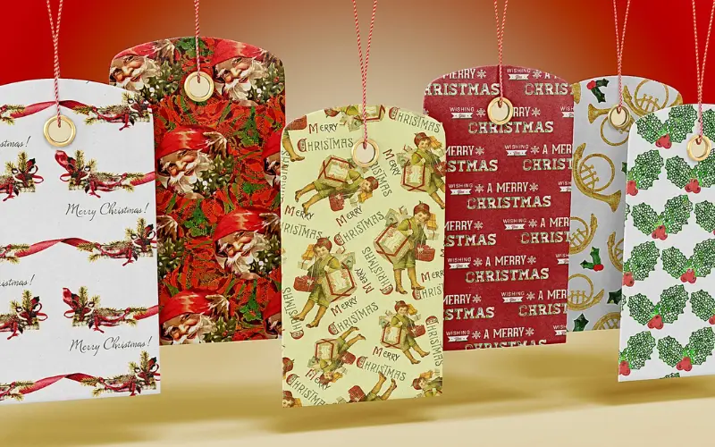 Elegant Christmas paper background used as holiday gift tags.
