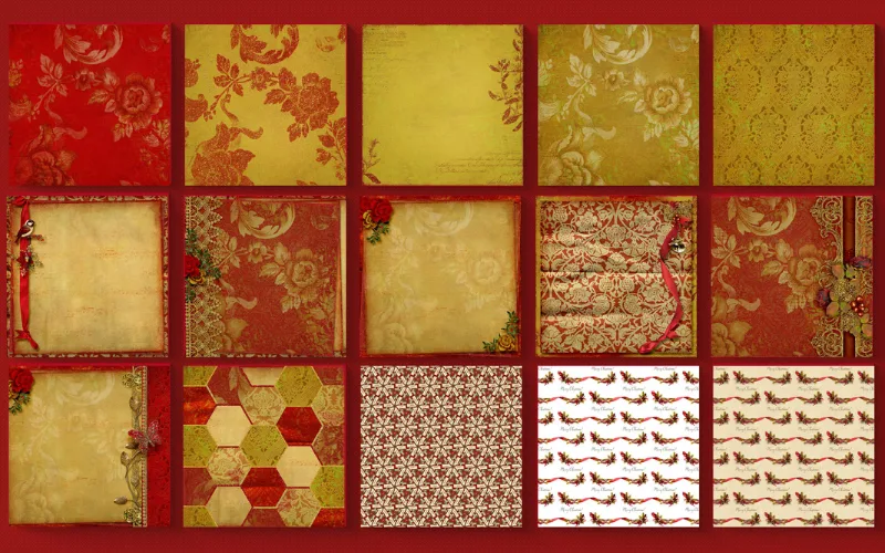 Assorted Christmas paper backgrounds with classic holiday colors and designs.
